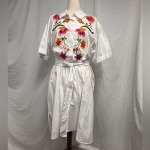Natori White Floral Embroidered Cotton Kimono Sleeve Midi Dress